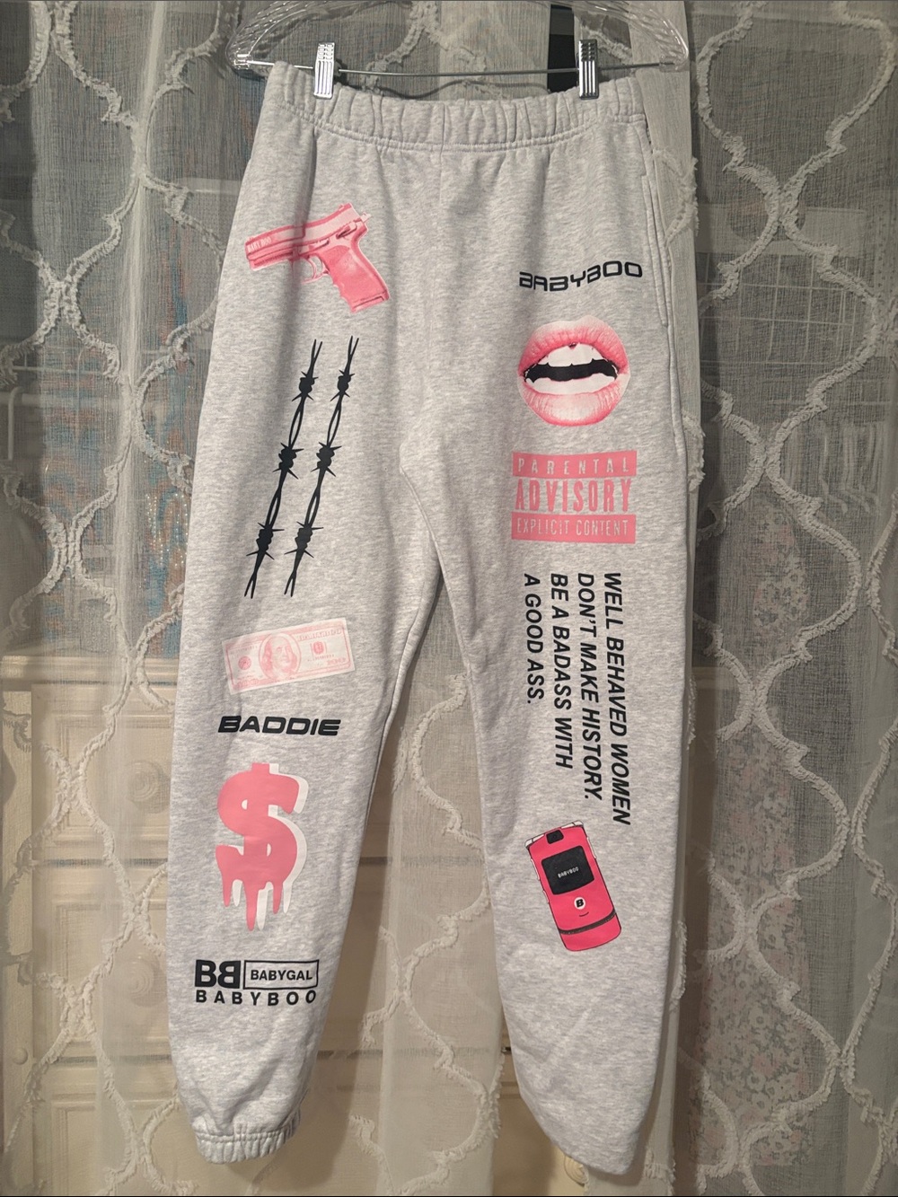 Babyboo Gray Joggers with Pink Graphic Accents